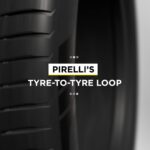 Close-up of a tire with the phrase "PIRELLI'S TYRE-TO-TYRE LOOP" displayed across the center of the image.