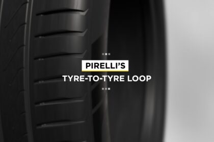 Close-up of a tire with the phrase "PIRELLI'S TYRE-TO-TYRE LOOP" displayed across the center of the image.