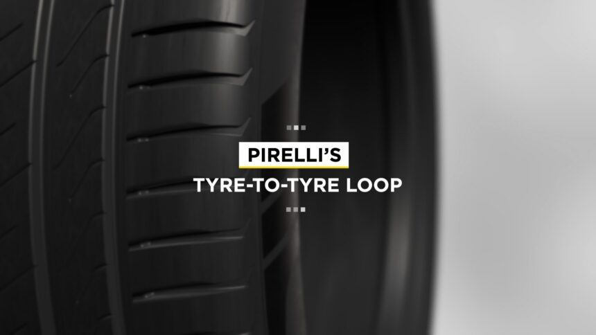 Close-up of a tire with the phrase "PIRELLI'S TYRE-TO-TYRE LOOP" displayed across the center of the image.