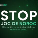 ZeroBet campaign poster with a green gradient background, large white STOP text and teal Romanian message about gambling debt; logo in top-left.