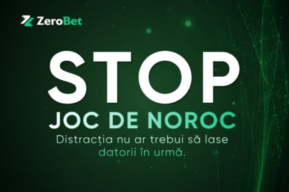 ZeroBet campaign poster with a green gradient background, large white STOP text and teal Romanian message about gambling debt; logo in top-left.