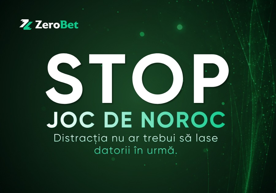 zerobet - Jurnalul Olteniei – Știri din Craiova și Oltenia ZeroBet campaign poster with a green gradient background, large white STOP text and teal Romanian message about gambling debt; logo in top-left.