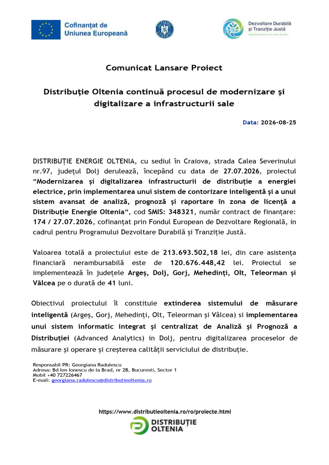 20260825_Distribuție Oltenia continuă procesul de modernizare și digitalizare a infrastructurii sale - Jurnalul Olteniei – Știri din Craiova și Oltenia Documento de prezentare cu logo-uri UE și ministru, titlu 'Comunicăt Lansare Proiect' și text în română despre distribuția Oltenia 2026-27.