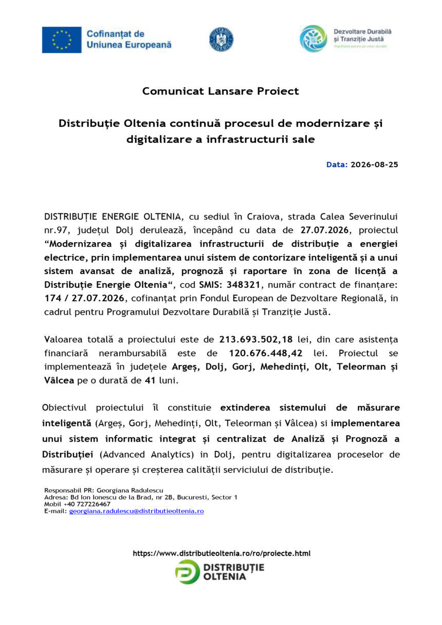 Documento de prezentare cu logo-uri UE și ministru, titlu 'Comunicăt Lansare Proiect' și text în română despre distribuția Oltenia 2026-27.