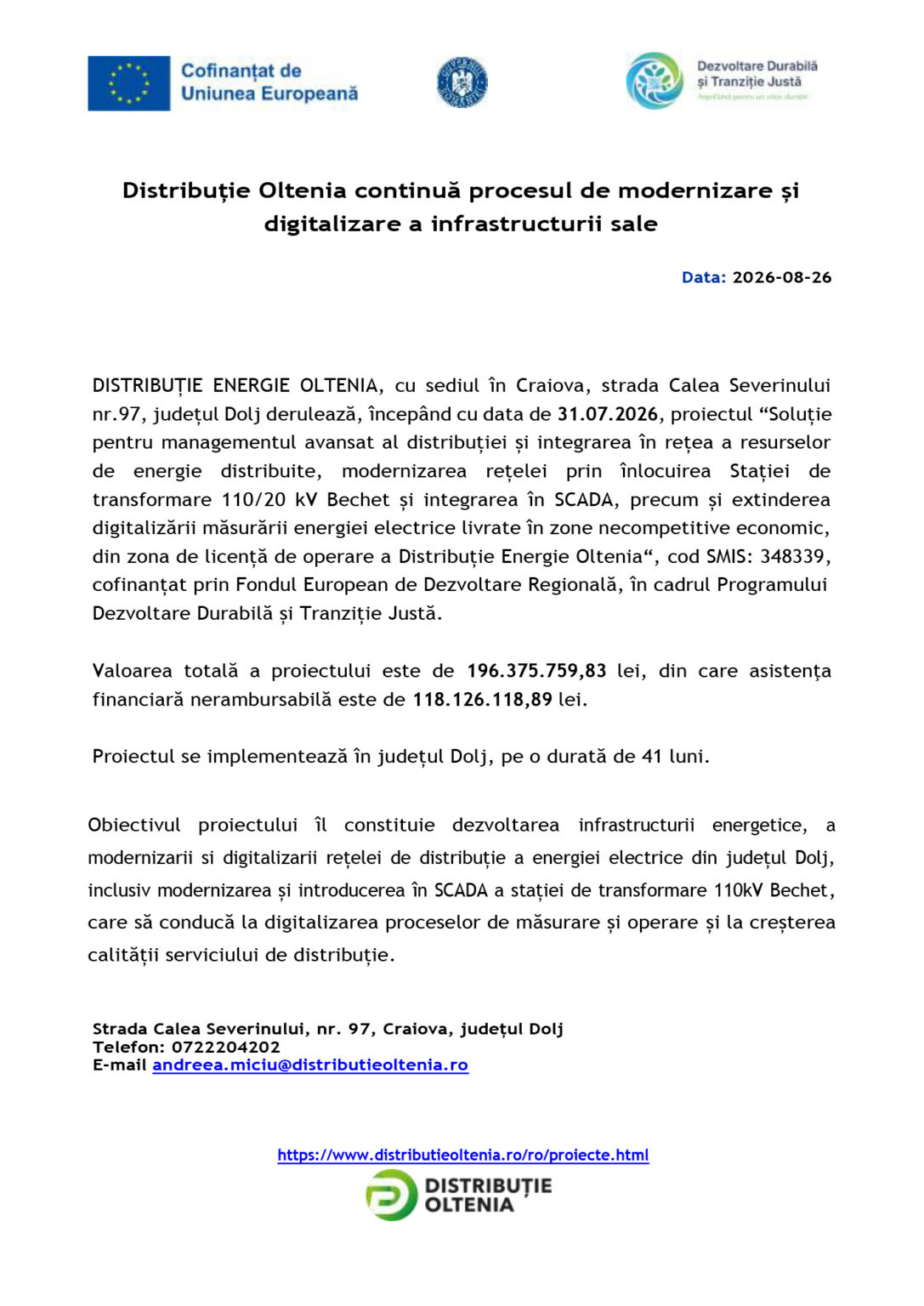 Document page header for Distribuție Oltenia project on modernizing and digitalizing the energy network, with EU logos at top and contact info at bottom.