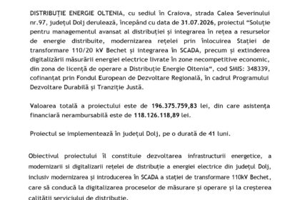Document page header for Distribuție Oltenia project on modernizing and digitalizing the energy network, with EU logos at top and contact info at bottom.