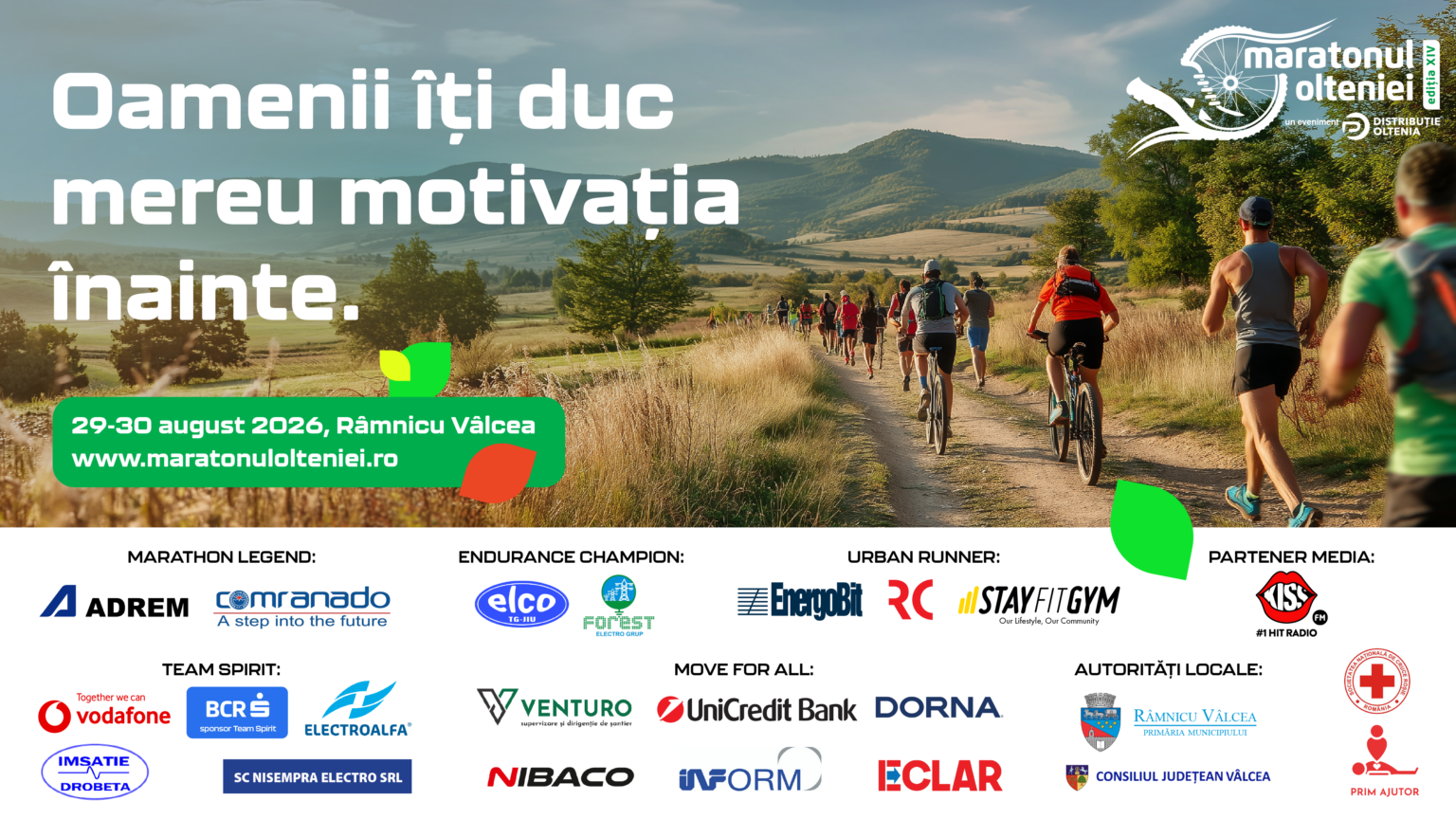 Promotional hero for Maratonul Olteniei: cyclists ride along a rural trail with hills, branding and date (Aug 29–30, 2026).