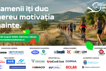 Promotional hero for Maratonul Olteniei: cyclists ride along a rural trail with hills, branding and date (Aug 29–30, 2026).