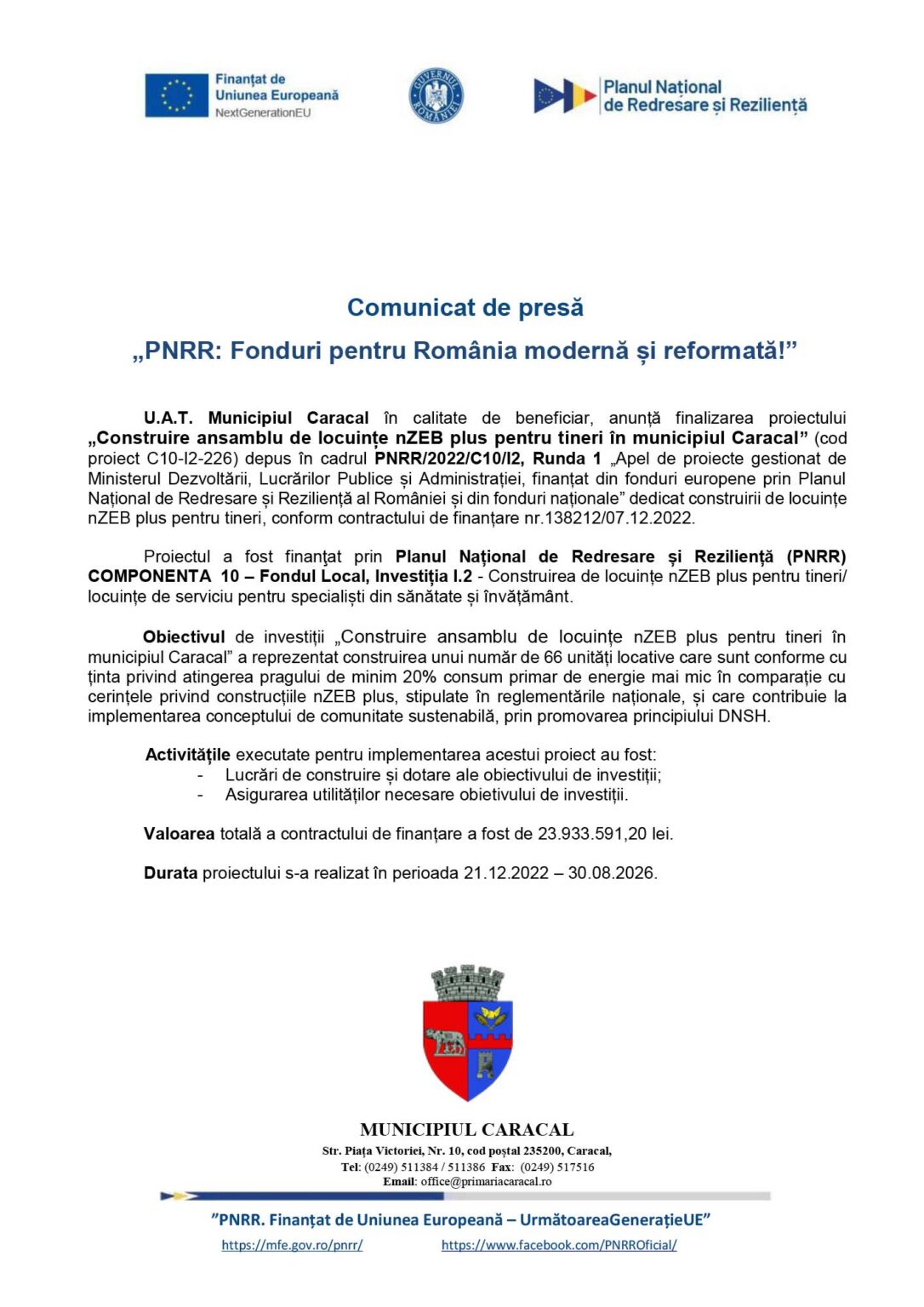 Pagina de presă a Municipiului Caracal, cu sigleUE și naționale în partea de sus și titlul „Comunicat de presă: „PNRR: Fonduri pentru România modernă și reformată!” — textul principal este în română.