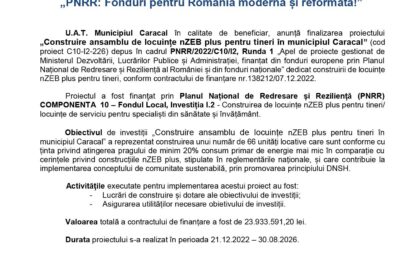 Pagina de presă a Municipiului Caracal, cu sigleUE și naționale în partea de sus și titlul „Comunicat de presă: „PNRR: Fonduri pentru România modernă și reformată!” — textul principal este în română.