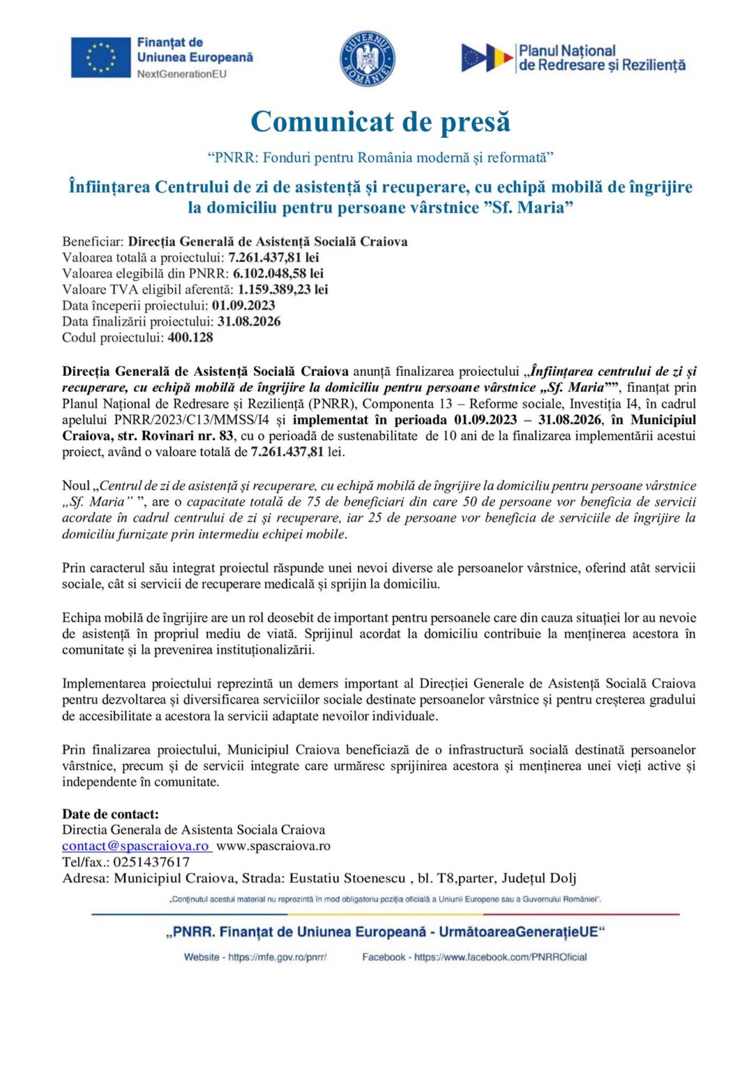 Press release header in Romanian about establishing a day-and-care center for seniors, including EU and Romanian logos at top.