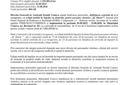 Press release header in Romanian about establishing a day-and-care center for seniors, including EU and Romanian logos at top.