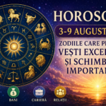 Horoscope poster with a gold zodiac wheel on the left and Romanian headline on the right, set against a starry sky and sunrise.