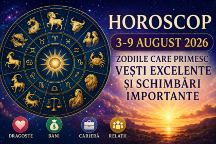 Horoscope poster with a gold zodiac wheel on the left and Romanian headline on the right, set against a starry sky and sunrise.