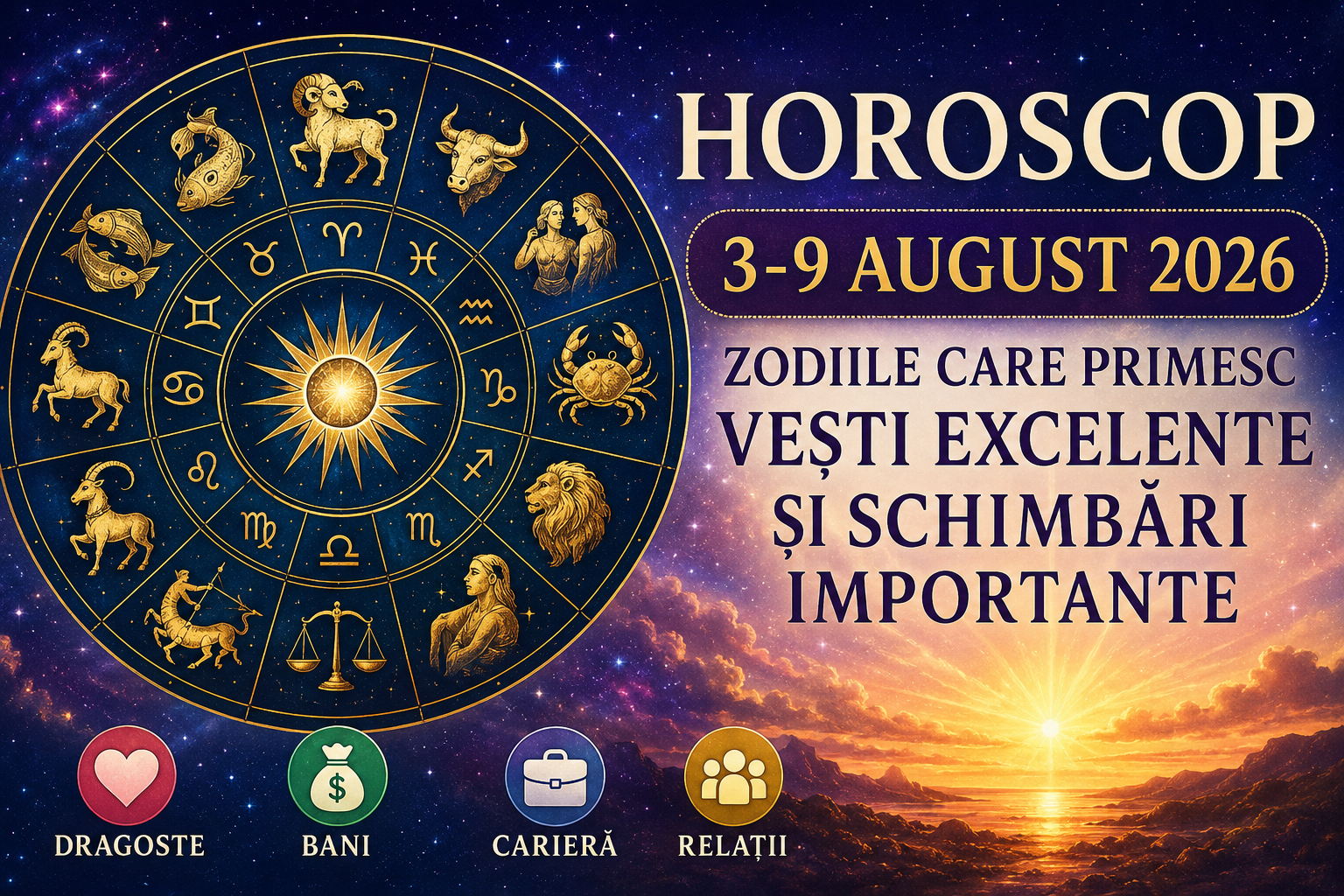 Horoscop 3-9 august 2026. Foto generată cu AI - Jurnalul Olteniei – Știri din Craiova și Oltenia Horoscope poster with a gold zodiac wheel on the left and Romanian headline on the right, set against a starry sky and sunrise.