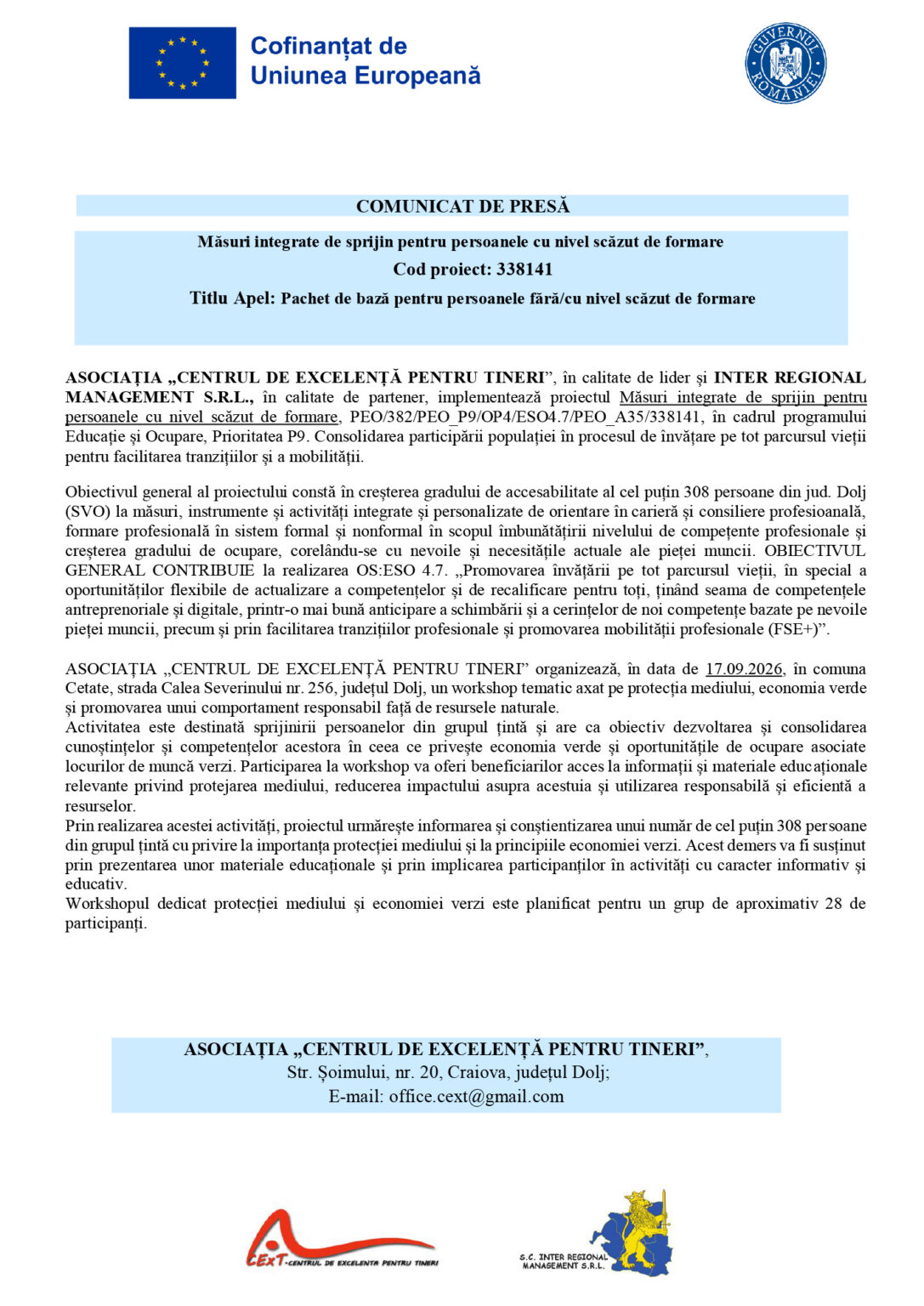 Header of a Romanian press release with EU flag logo and the title 'COMUNICAT DE PRESĂ' beside a blue banner and government seal logos.