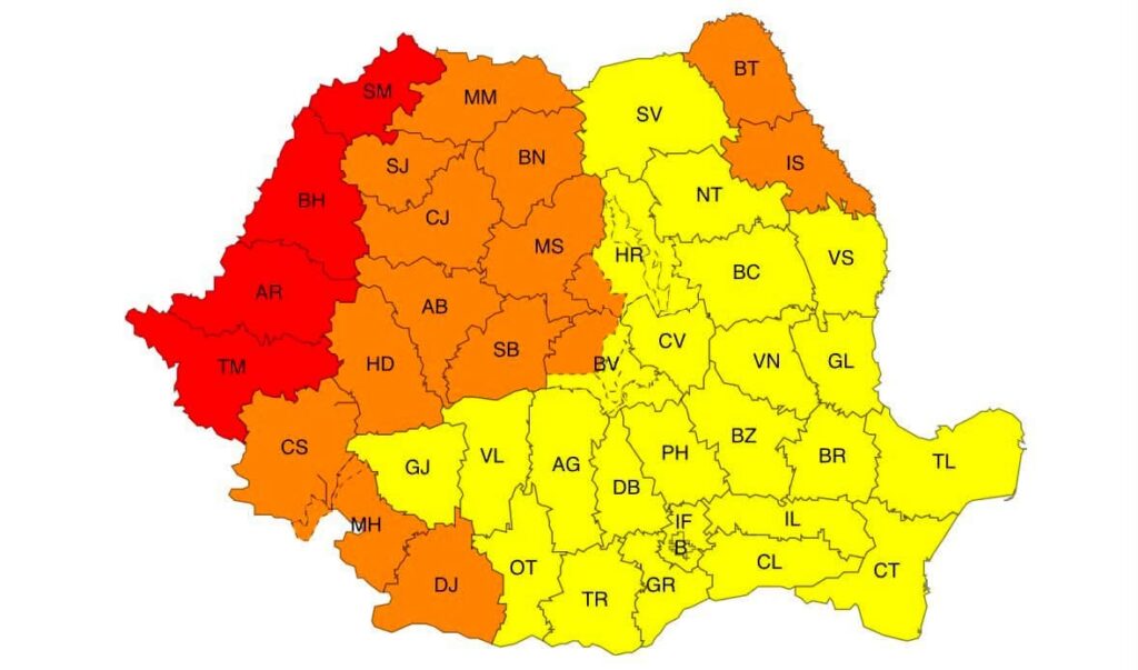 Color-coded map of Romania's counties showing red, orange, and yellow regions with county abbreviations.