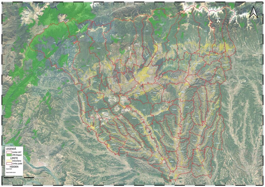 772656335_1696805739111959_6734763390969692353_n - Jurnalul Olteniei – Știri din Craiova și Oltenia Map showing red boundary lines across a mountainous terrain with green vegetation and yellow arid areas; legend in bottom-left and a north arrow in top-right.