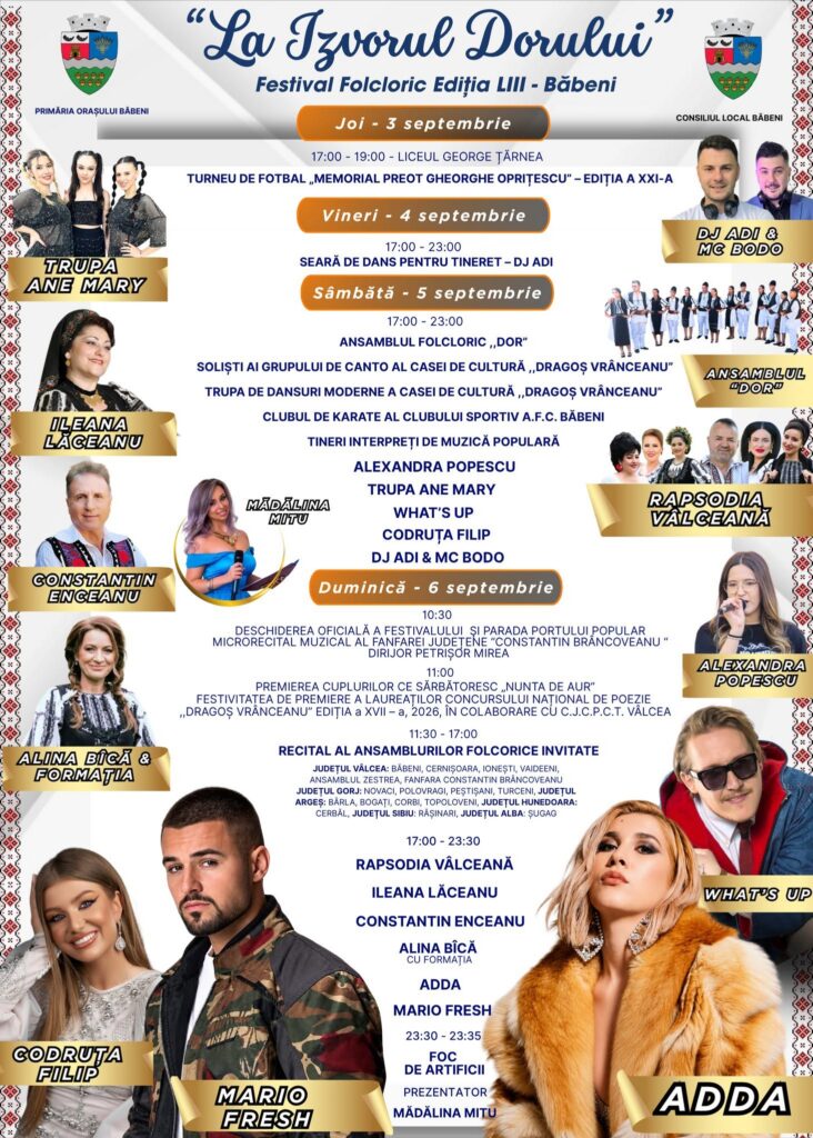 Festivalul „La Izvorul Dorului” revine la Băbeni - Jurnalul Olteniei – Știri din Craiova și Oltenia Festivalul „La Izvorul Dorului” revine la Băbeni
