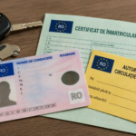 Romanian driving license card with a yellow provisional circulation authorisation and a green vehicle registration certificate on a wooden surface with car keys nearby