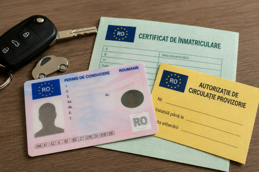 Romanian driving license card with a yellow provisional circulation authorisation and a green vehicle registration certificate on a wooden surface with car keys nearby