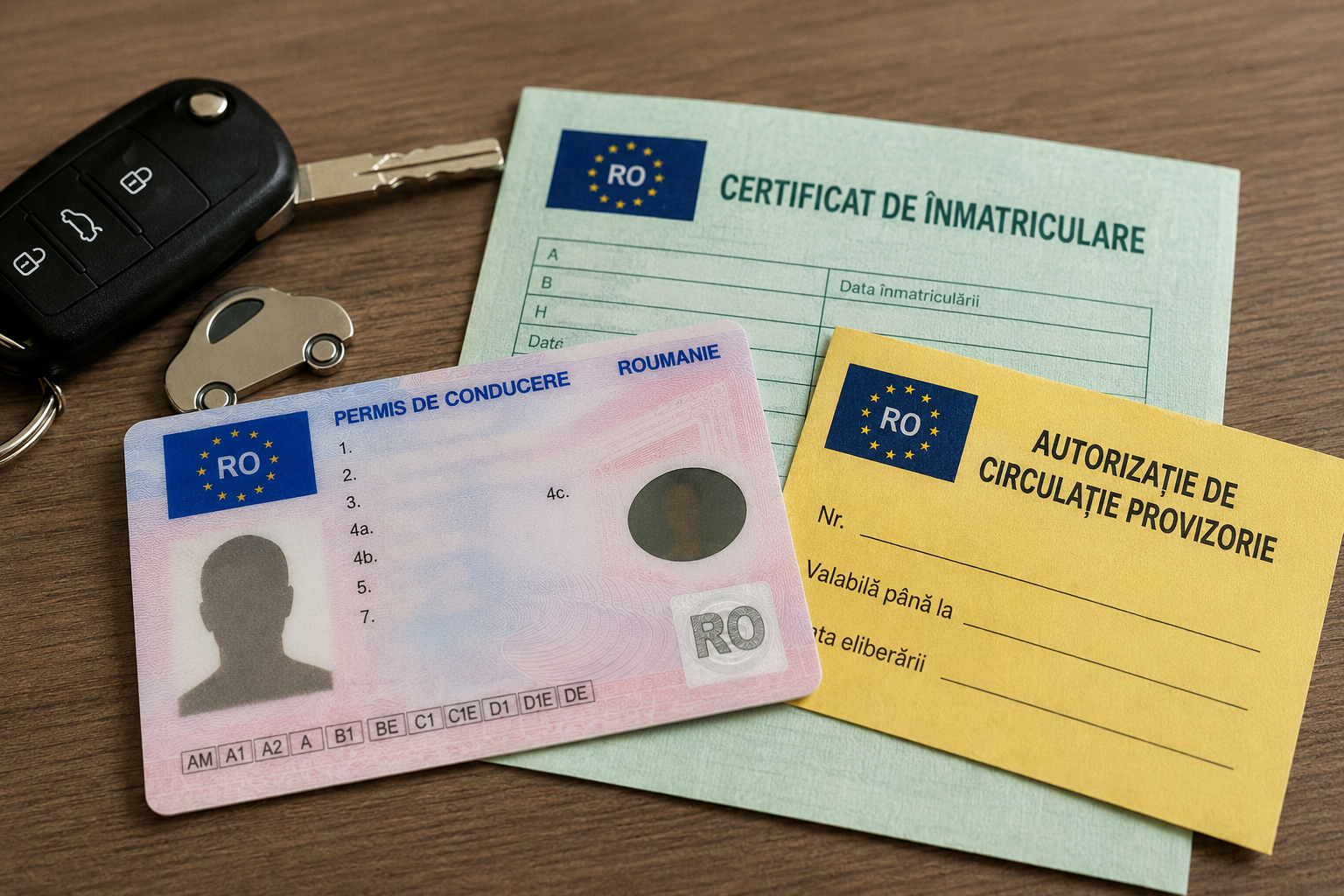 Romanian driving license card with a yellow provisional circulation authorisation and a green vehicle registration certificate on a wooden surface with car keys nearby