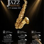 Poster for Craiova Jazz Festival 2026 featuring a golden saxophone on a black background with dates September 12–14.
