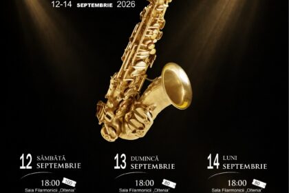 Poster for Craiova Jazz Festival 2026 featuring a golden saxophone on a black background with dates September 12–14.