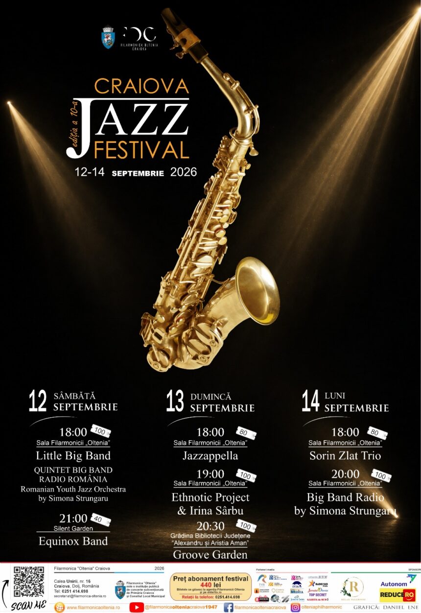 Poster for Craiova Jazz Festival 2026 featuring a golden saxophone on a black background with dates September 12–14.