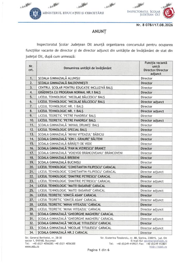 Official Romanian education document listing vacant director/adjunct positions for multiple school units in Olt County, page 1 of 6.