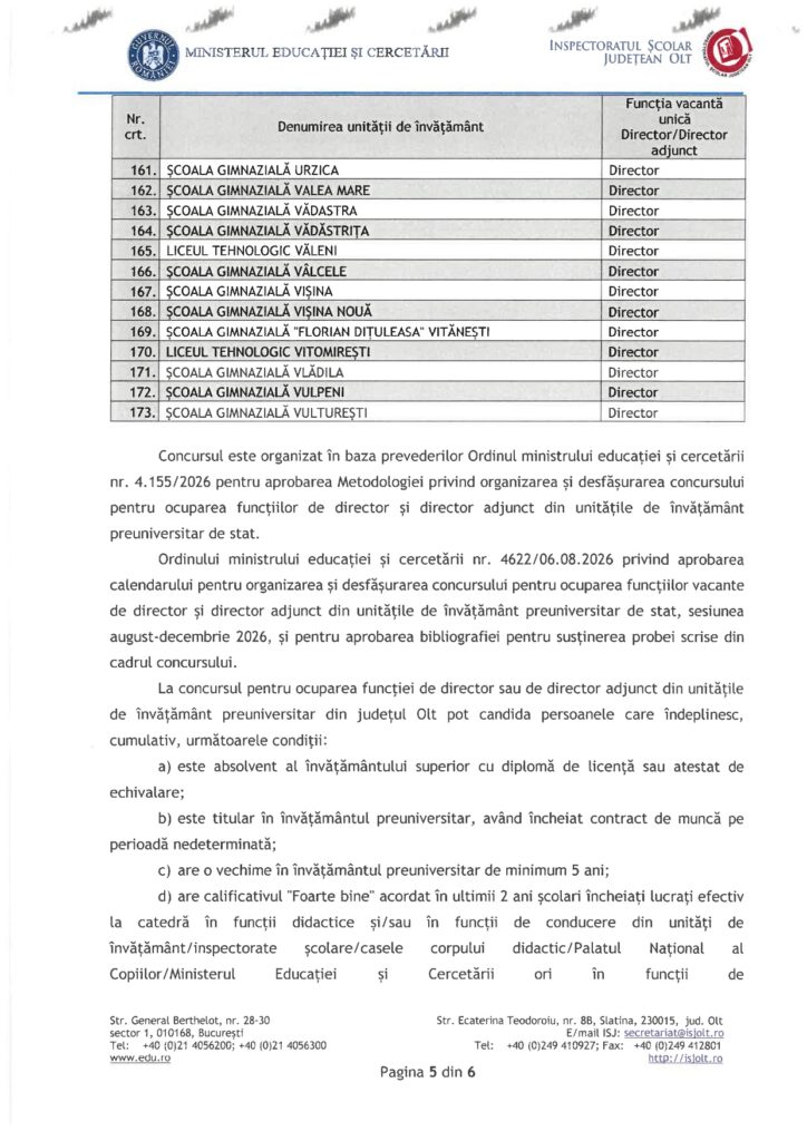 Official document page showing a table of Romanian schools and their Director positions (list of units and vacancies).