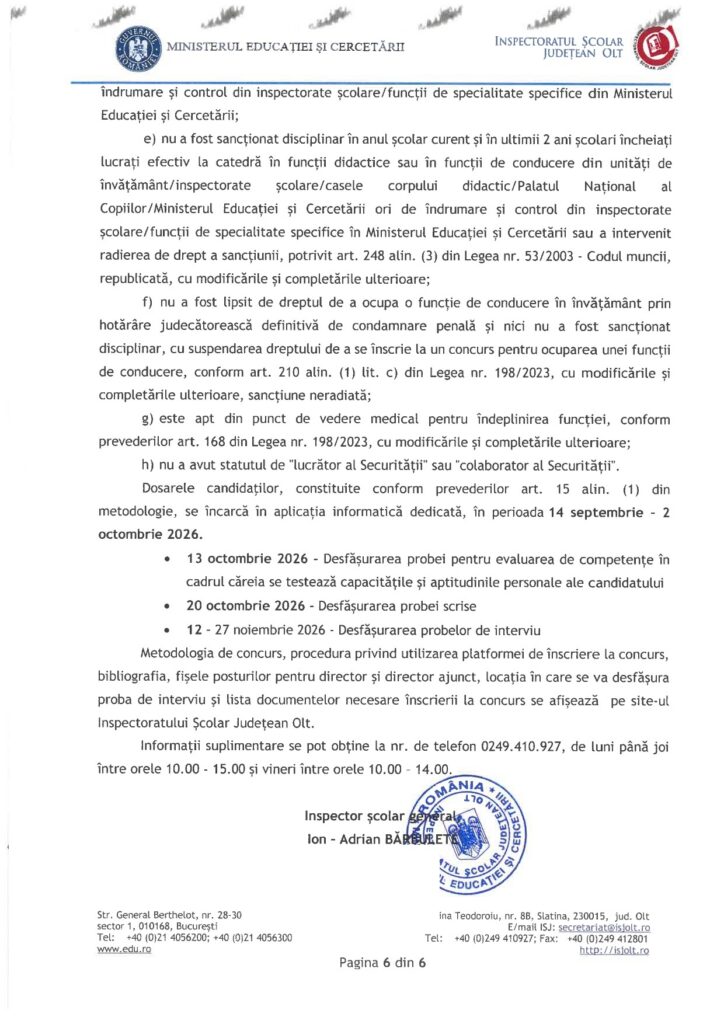 Page 6 of 6 from a Romanian Ministry of Education document; header with gov logos and seals, body text outlining recruitment procedures and deadlines with stamps visible.