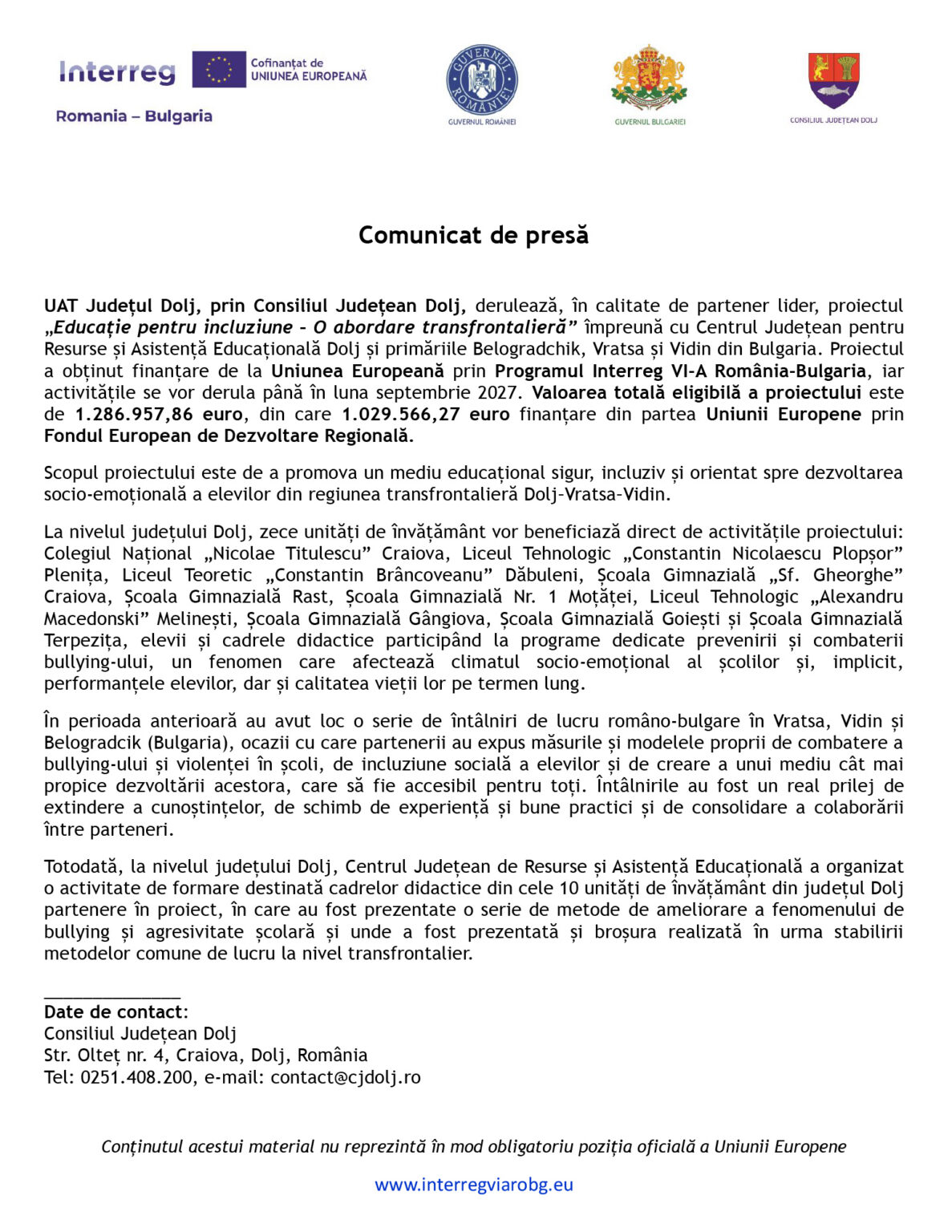 Comunicat de presa 3 - Jurnalul Olteniei – Știri din Craiova și Oltenia Official press release document page with logos (Interreg, Romanian government) and Romanian text 'Comunicat de presă'.
