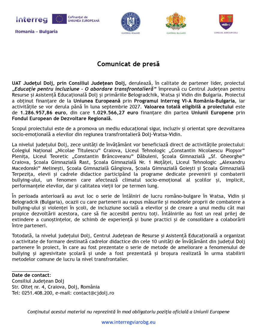 Official press release document page with logos (Interreg, Romanian government) and Romanian text 'Comunicat de presă'.