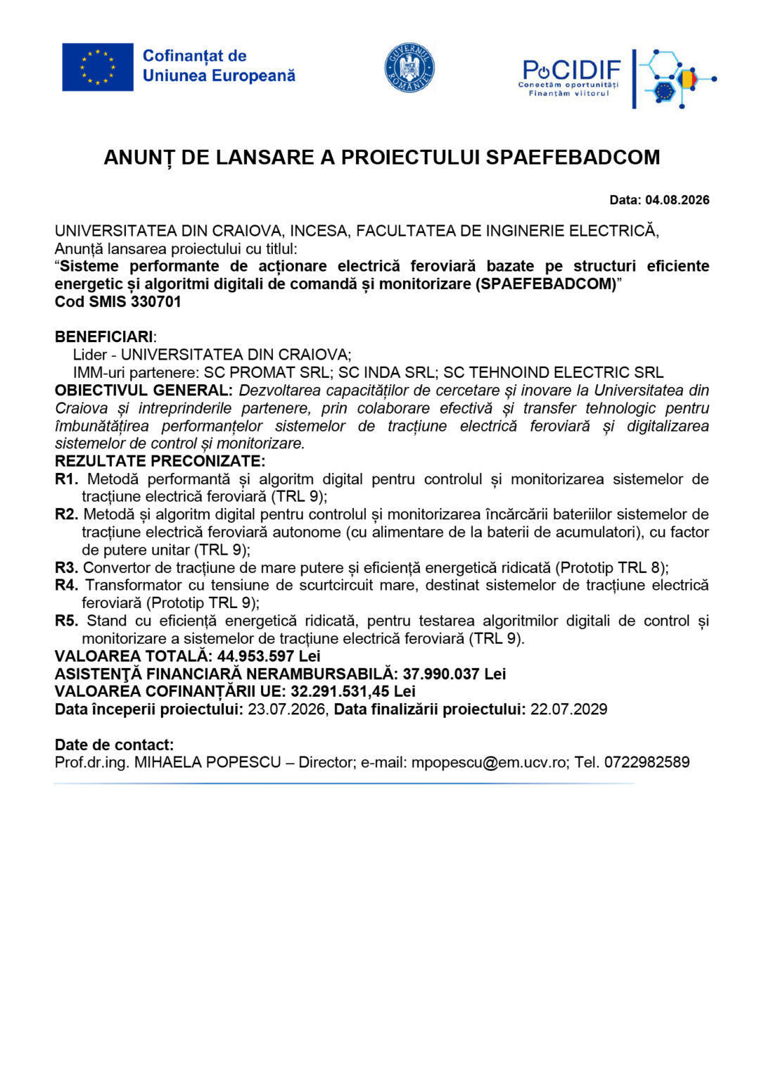 Document announcing the launch of the SPAEFEBADCOM project, dated 04.08.2026, with EU and Romanian logos at the top and a long Romanian project description below.