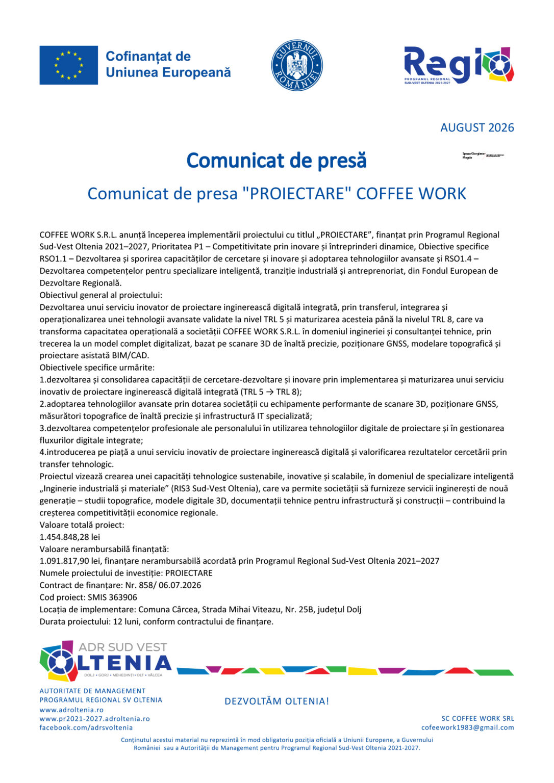 Official press release header showing EU, Romanian government, and Regio logos with the title 'Comunicat de presă' and body text beneath.