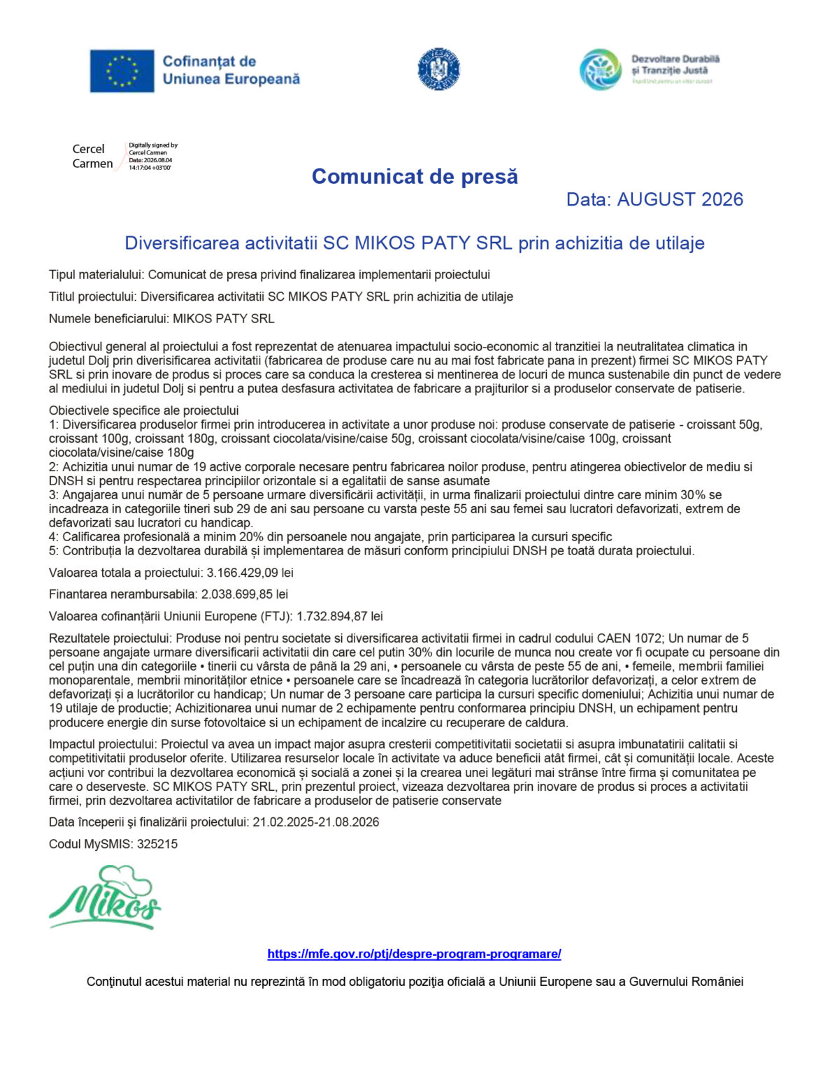 Comunicat+de+presa+finalizare+proiect+-+varianta+avizata 1 - Jurnalul Olteniei – Știri din Craiova și Oltenia Press release document with EU and Romanian logos, titled 'Diversificarea activității SC MIKOS PATY SRL...'; dated August 2026 (Romanian).