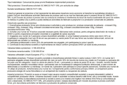 Press release document with EU and Romanian logos, titled 'Diversificarea activității SC MIKOS PATY SRL...'; dated August 2026 (Romanian).