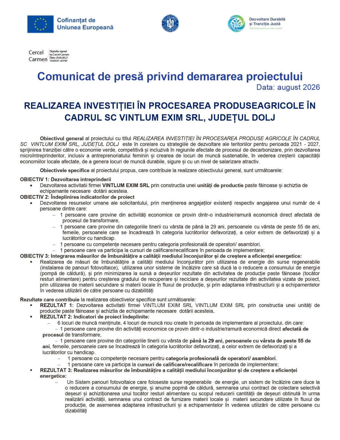 Official press release page featuring EU/partner logos, Romanian title 'Comunicat de presă privind demararea proiectului' and date August 2026
