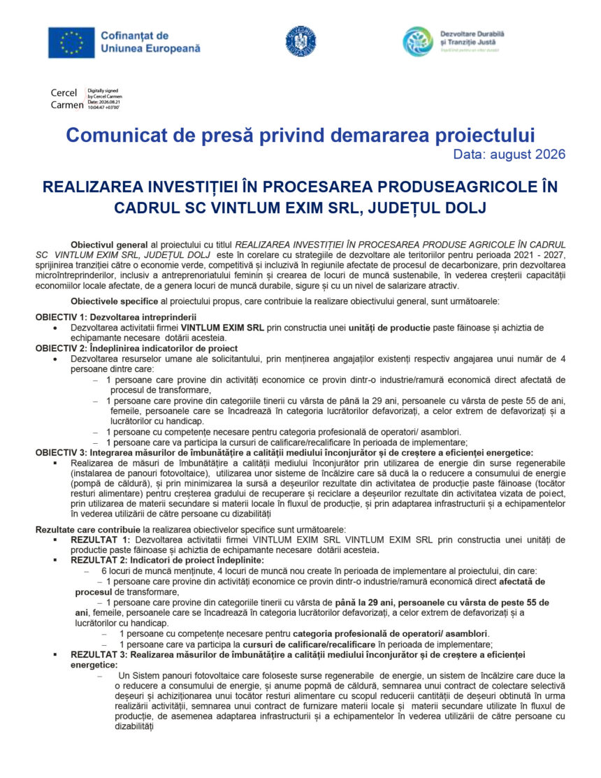 Official press release page featuring EU/partner logos, Romanian title 'Comunicat de presă privind demararea proiectului' and date August 2026