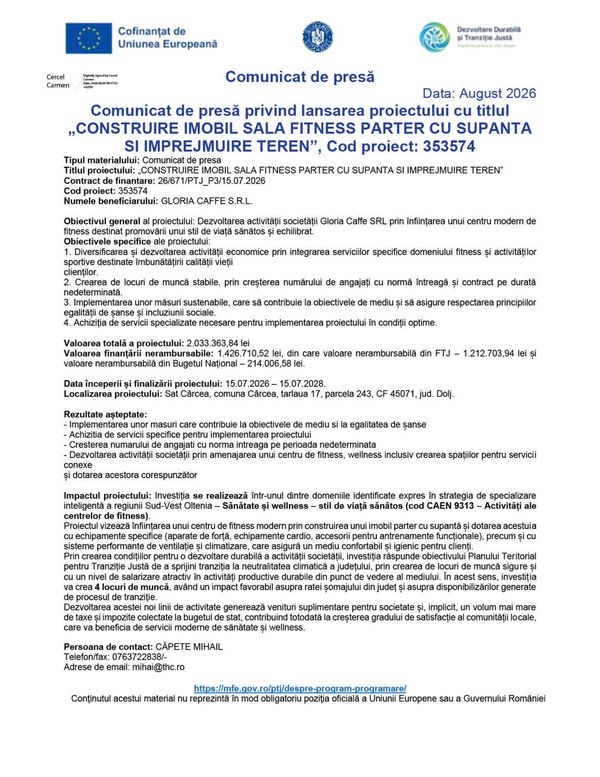 Press release page header in Romanian, with logos, title 'Comunicat de presă' about a fitness center project (Cod proiect: 353574)