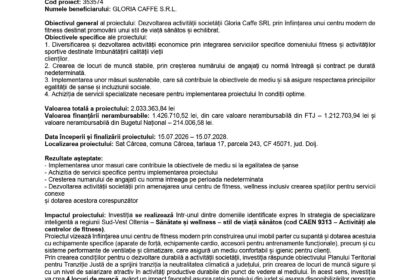 Press release page header in Romanian, with logos, title 'Comunicat de presă' about a fitness center project (Cod proiect: 353574)
