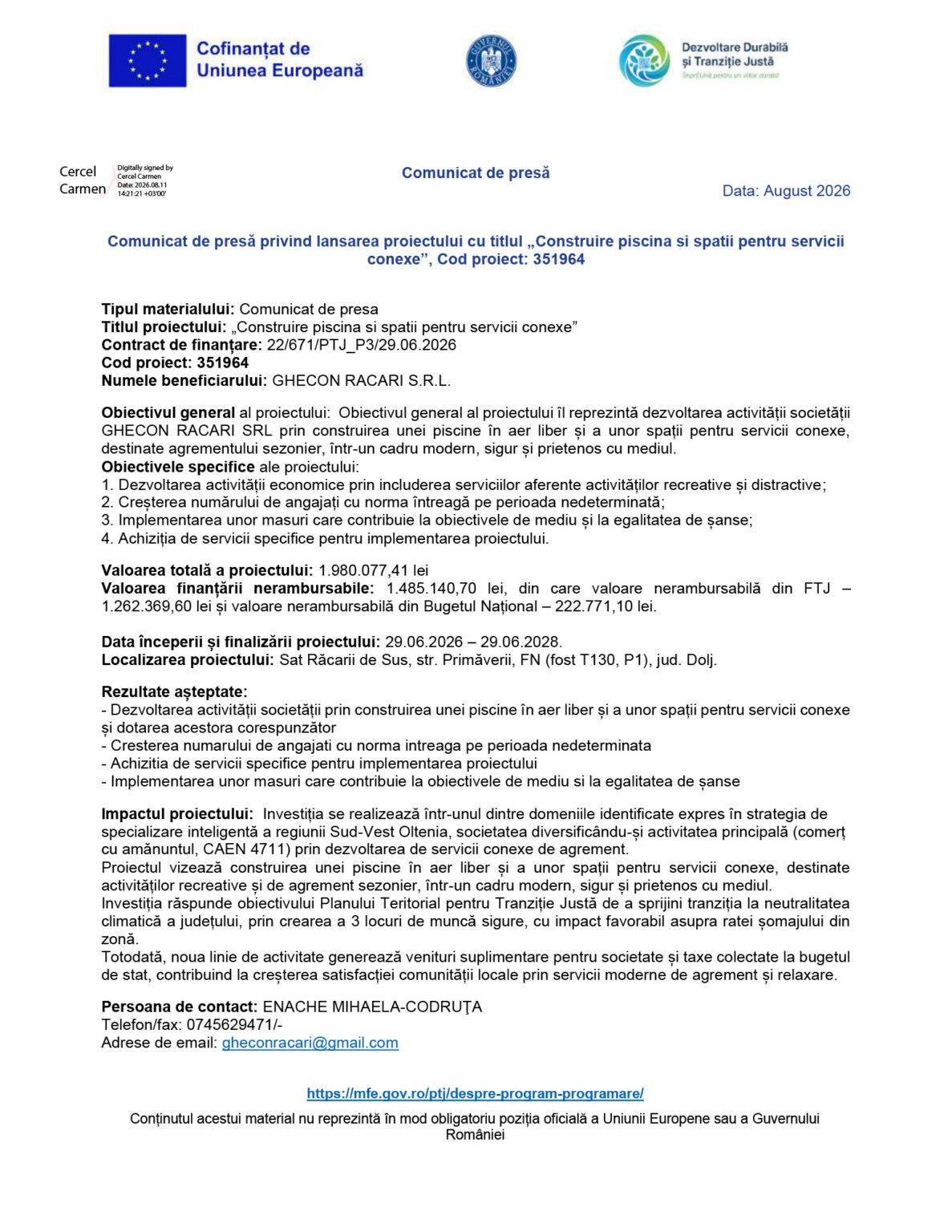 Romanian press release page with EU and government logos at the top, centered title 'Comunicat de presă' and project details in the body