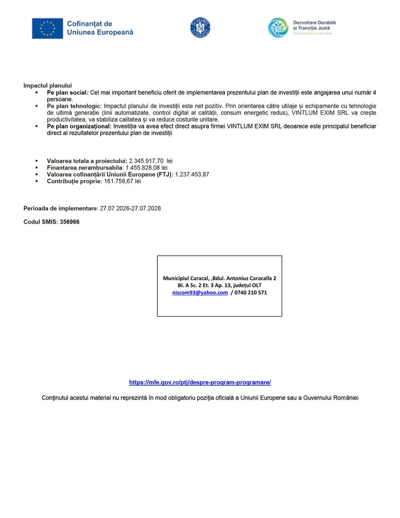 Header with EU flag logo, official seal, and sustainability logo; Romanian document about plan impact and financial figures.