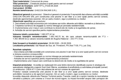 Romanian press release page with EU and government logos at the top, centered title 'Comunicat de presă' and project details in the body