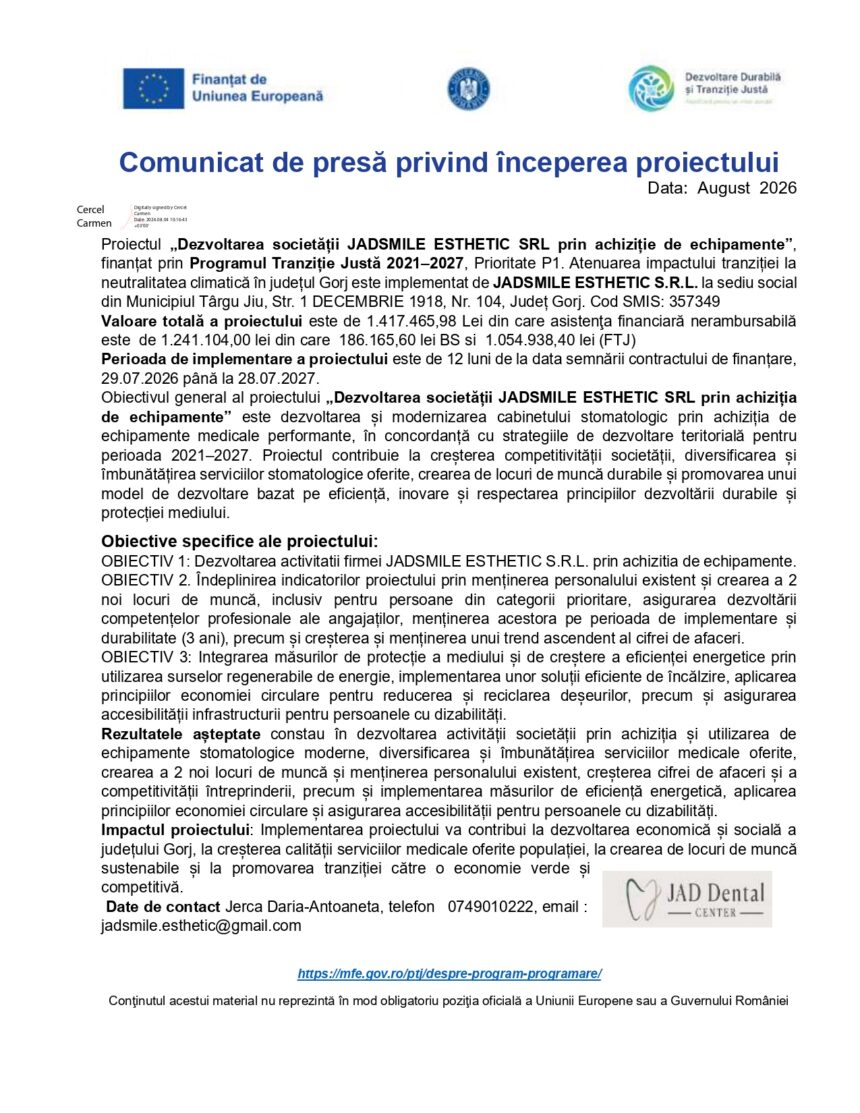 Press release header in Romanian with EU logos, big blue title, and date August 2026.