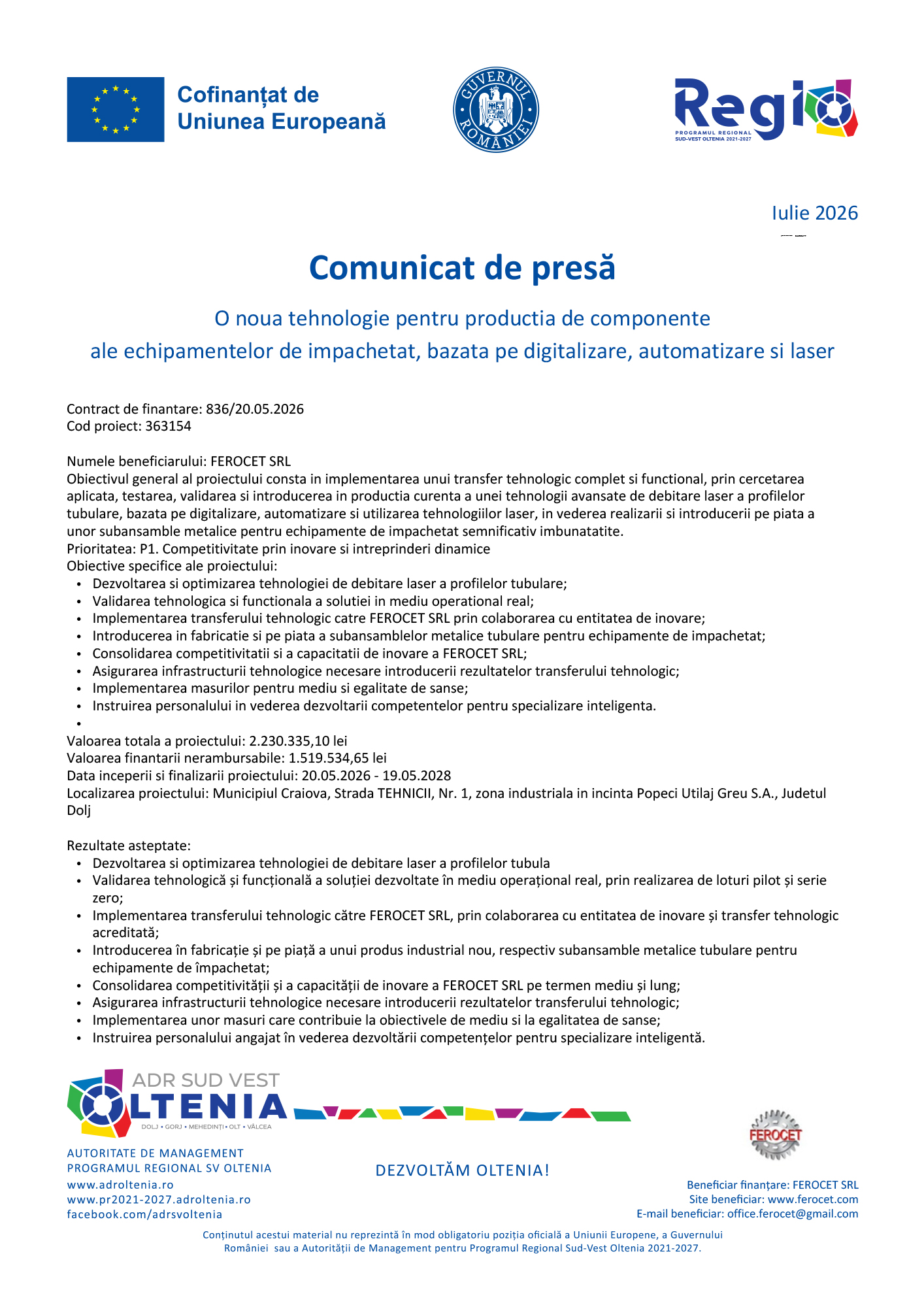 Cover page of a press release: EU flag and logos, title 'Comunicat de presă', date 'Iulie 2026', Romanian government seal.
