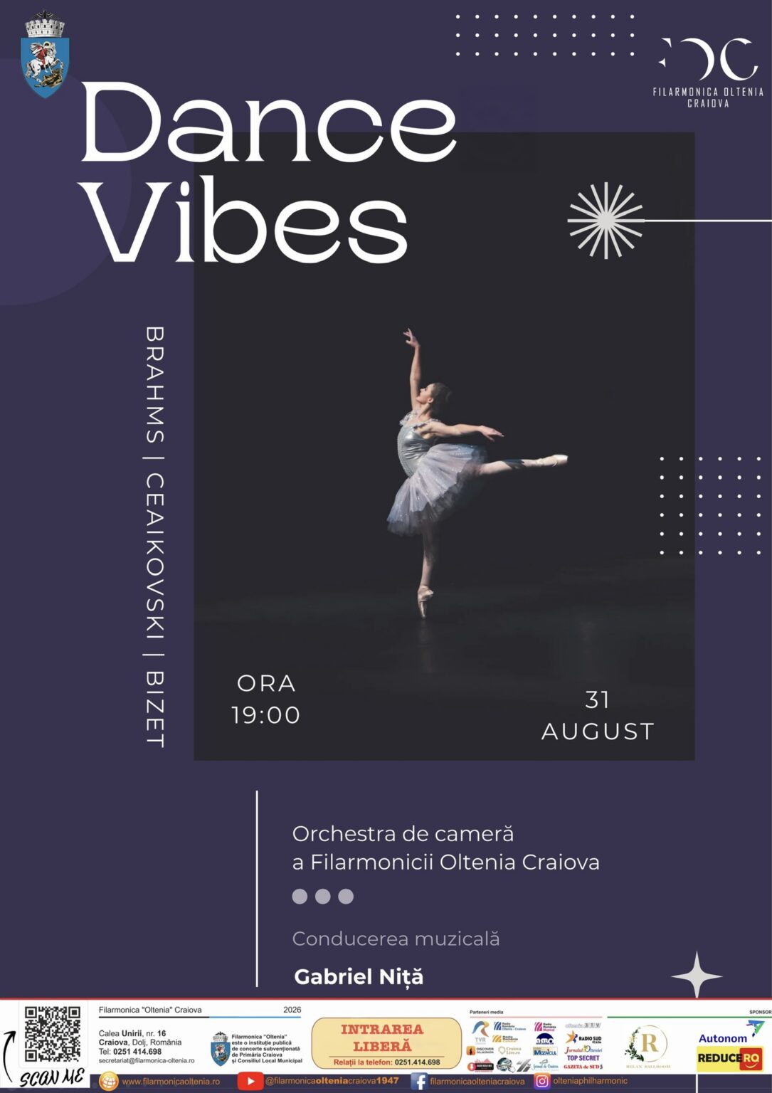 Poster for Dance Vibes event by Filarmonica Oltenia Craiova, featuring a dancer on a dark stage with bold white text 'Dance Vibes' and event details (31 August, 19:00).
