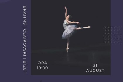 Poster for Dance Vibes event by Filarmonica Oltenia Craiova, featuring a dancer on a dark stage with bold white text 'Dance Vibes' and event details (31 August, 19:00).