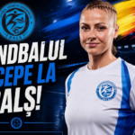Promotional banner for handball club BALS showing a player in a white jersey with blue crest and the Romanian text “Handbalul ÎNCEPE LA BALS!”.
